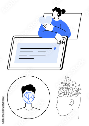 Woman hugging a heart near a screen, face recognition tech, human head growing flowers. Ideal for technology, AI, self-care, creativity, innovation, empathy abstract line flat metaphor