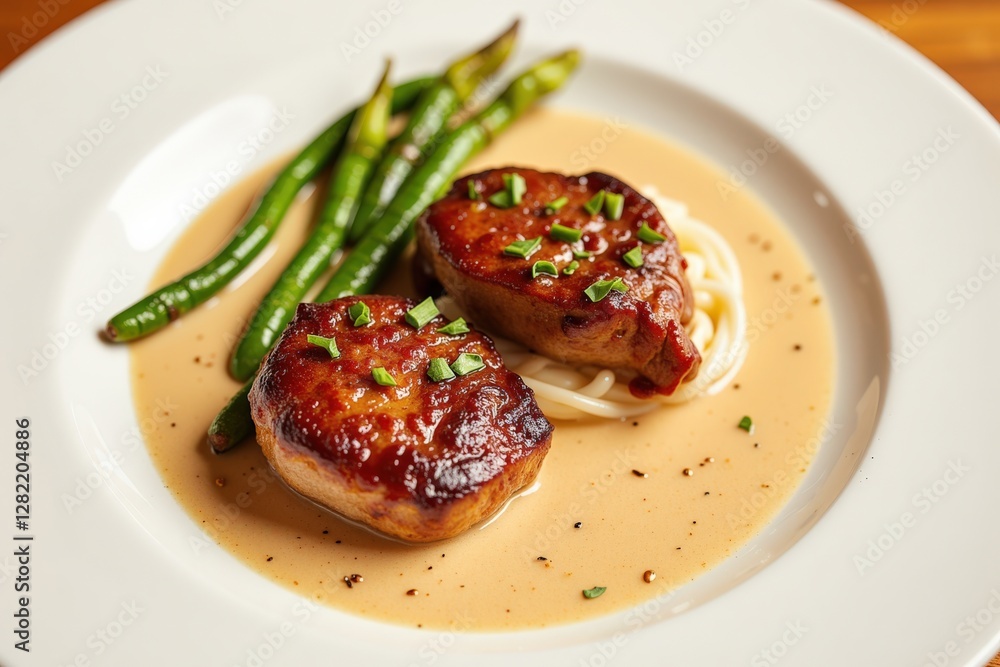 Delicious Seared Scallops with Garlic Cream Sauce Served Alongside Grilled Green Beans and Pasta - A Gourmet Dining Experience Delicious Seared Scallops with Garlic Cream Sauce Served Alongside Grilled Green Beans and Pasta - A Gourmet Dining Experience