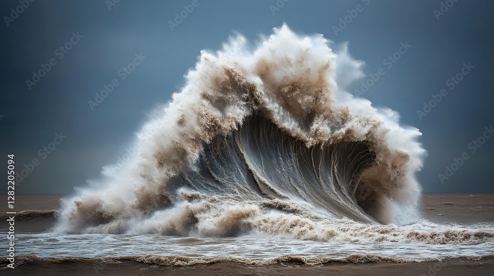 Majestic Wave Crashing on Shore with Stormy Sky in Background