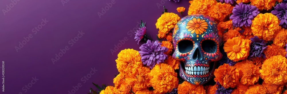 Vibrant Day of the Dead Celebration with Sugar Skull and Marigold Flowers in Pop Art Style Vibrant Day of the Dead Celebration with Sugar Skull and Marigold Flowers in Pop Art Style