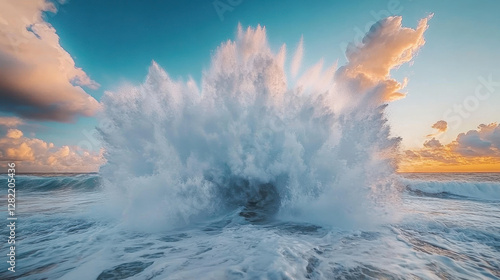 Dramatic Wave Explosion Against Vibrant Sky at Sunset