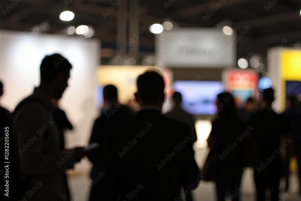 Fototapeta premium Silhouettes of Attendees at a Trade Show, Engaged in Networking Activities in a Modern Exhibition Hall