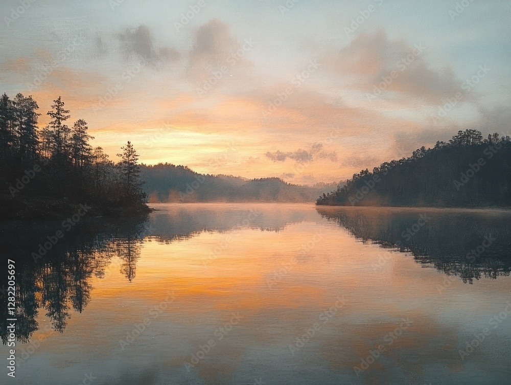 Fototapeta premium Tranquil Sunrise Over Sermo Lake Aerial View Yogyakarta Indonesia