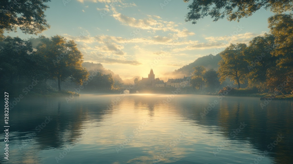 Sunrise castle lake mist idyllic landscape game design Sunrise castle lake mist idyllic landscape game design