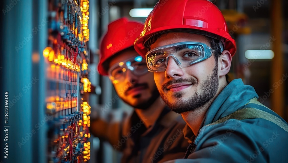 Young Electrical Students Working on Complex Electrical Panel with Focused Expressions and Safety Gear Young Electrical Students Working on Complex Electrical Panel with Focused Expressions and Safety Gear