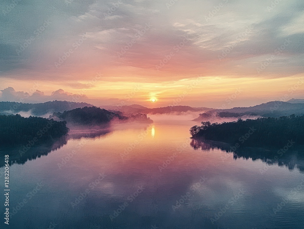 Fototapeta premium Aerial View of Tranquil Lake at Sunset with Mist and Pastel Colors