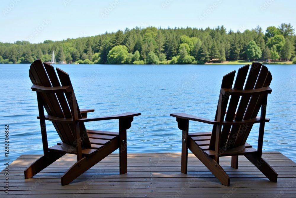 Fototapeta premium Two Wooden Adirondack Chairs on a Dock Overlooking a Serene Lake Surrounded by Lush Green Trees in a Peaceful Natural Setting
