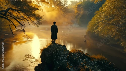 silhouette of a man in the forest with a lake water