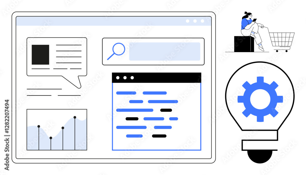 Web browser window with chat, search bar, graph, and code display. Shopping cart and person browsing on phone. Gear and lightbulb illustrate ideas and solutions. Ideal for technology, research Web browser window with chat, search bar, graph, and code display. Shopping cart and person browsing on phone. Gear and lightbulb illustrate ideas and solutions. Ideal for technology, research