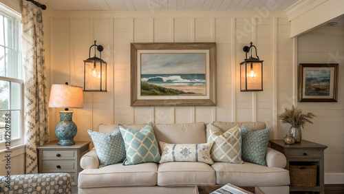 living room interior room zoom background, Interior design of modern living room interior with mock up poster frame, colorful decorations and accessories, plants, sofa, coffee table. Blue wall. Home d