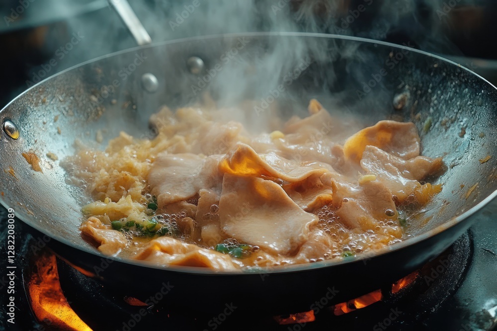 Cooking Beef Tripe Stew in a Metal Wok with Steam and Textures Cooking Beef Tripe Stew in a Metal Wok with Steam and Textures