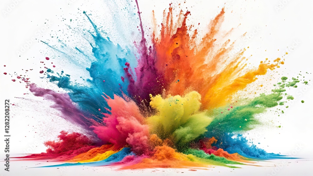 Vibrant Explosion of Colorful Powder on White Background Vibrant Explosion of Colorful Powder on White Background