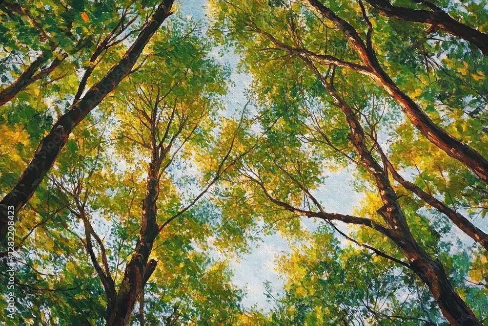 Obraz premium Lush Green Canopy of Leaves and Sunlight Filtering Through Branches in Spring