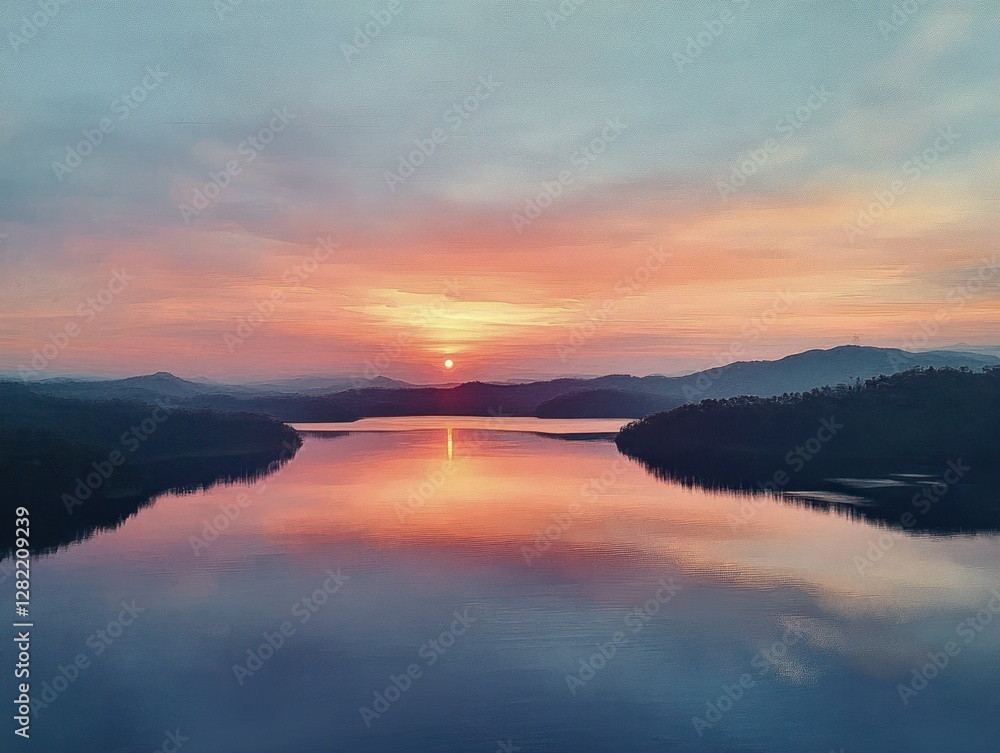 Obraz premium Aerial View of Serene Sermo Lake at Sunset with Reflection of Hills in Turquoise Water