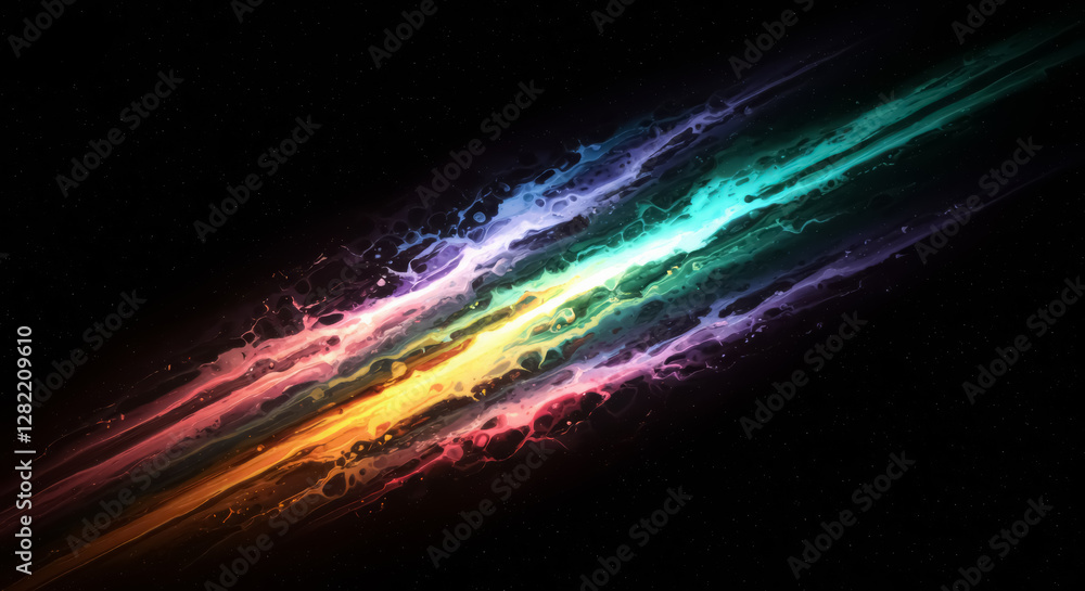 Obraz premium Colorful line of light in the sky. The line is made up of many different colors. The colors are red, orange, yellow, green, blue, and purple. For background, copy space