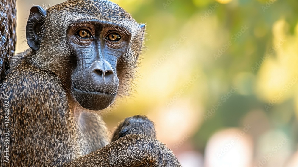 Fototapeta premium A metallic sculpture of a baboon captures the wild spirit of Africa, blending art and nature against a clean backdrop.