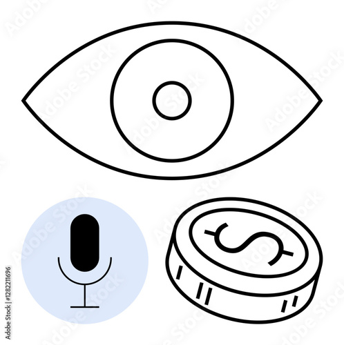 Eye icon above a microphone and dollar coin. Ideal for communication, media, finance, surveillance, technology business marketing. Line metaphor. Line metaphor. Simple line icons