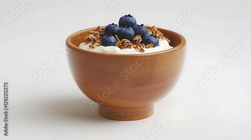 Bowl of Fresh Yogurt with Blueberries and Granola Topping on a Clean White Surface for Breakfast Treat photo