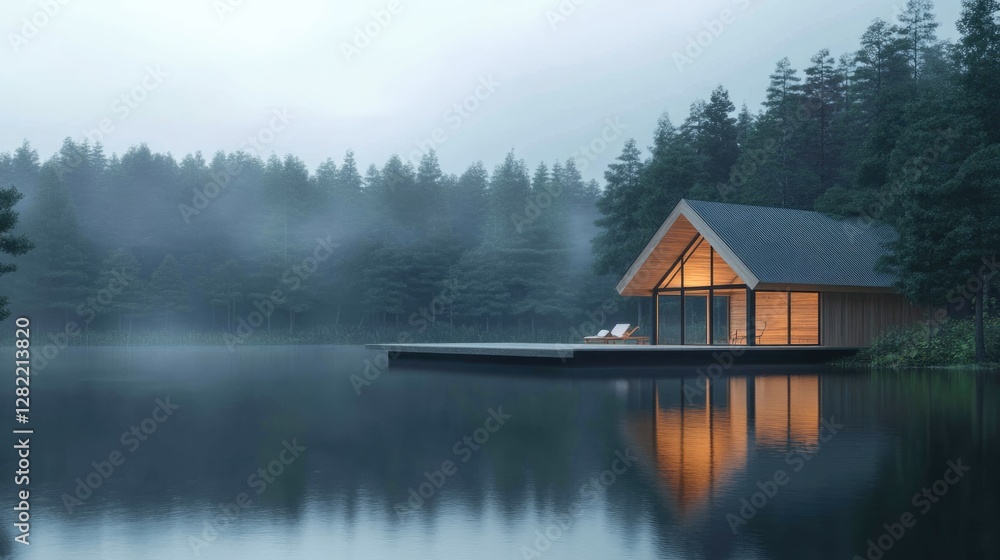 Lake House at Dusk: Modern Architecture in Misty Forest Lake House at Dusk: Modern Architecture in Misty Forest