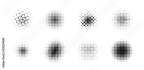 Set of halftone textures featuring circular dot patterns on a white background, each with varying densities and arrangements. The minimal design highlights texture diversity, contrast, and form.