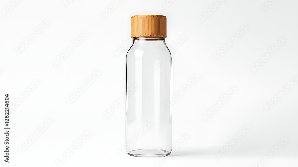 Clear Glass Bottle with Bamboo Lid Environmentally Conscious and Sustainable Container Still Life Product Shot Clear Glass Bottle with Bamboo Lid Environmentally Conscious and Sustainable Container Still Life Product Shot
