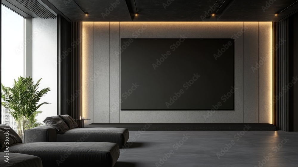Modern Dark Living Room with Large Blank Canvas and Warm Lighting Modern Dark Living Room with Large Blank Canvas and Warm Lighting