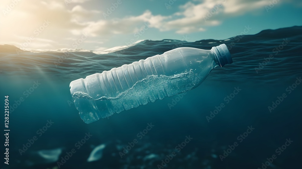 Plastic bottle floats in ocean water with sunlight casting reflections underneath the surface Plastic bottle floats in ocean water with sunlight casting reflections underneath the surface