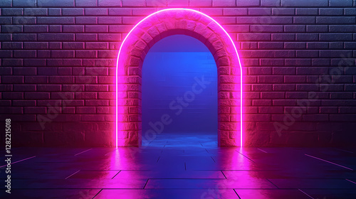 Pink Neon Arch on Brick Wall Background