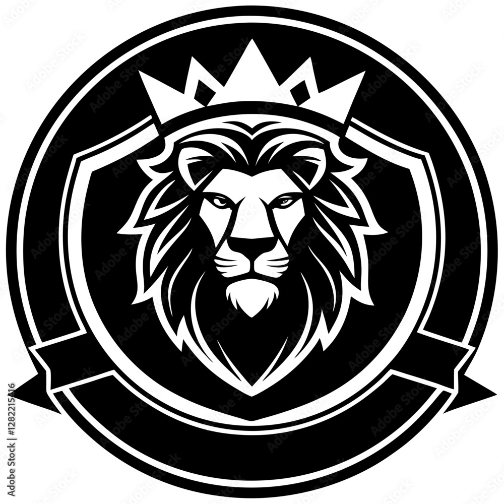 Obraz premium Majestic Lion Badge Vector - Golden Mane Clipart, Line Art & Cartoon Illustration, Majestic lion badge vector with golden mane, perfect for clipart, line art, and cartoon designs.