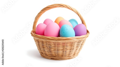 Colorful Easter Eggs Basket Filled with Spring Holiday Season Treats in Bright Pastel Colors