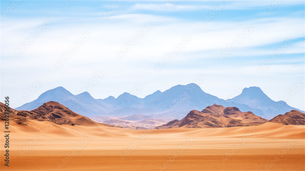 Obraz premium A vast desert landscape with golden sands stretching into the horizon, under a clear blue sky. The warm tones of the sand contrast with the crisp sky.