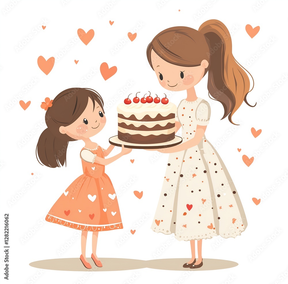 A heartwarming moment of a little girl presenting a birthday cake to another little girl with joyful expression A heartwarming moment of a little girl presenting a birthday cake to another little girl with joyful expression