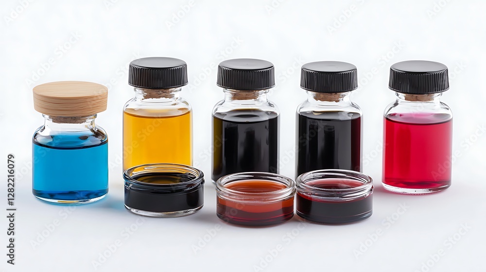 Colorful Liquids in Glass Vials and Small Dishes Science Experiments Chemical Solutions Laboratory Study Colorful Liquids in Glass Vials and Small Dishes Science Experiments Chemical Solutions Laboratory Study