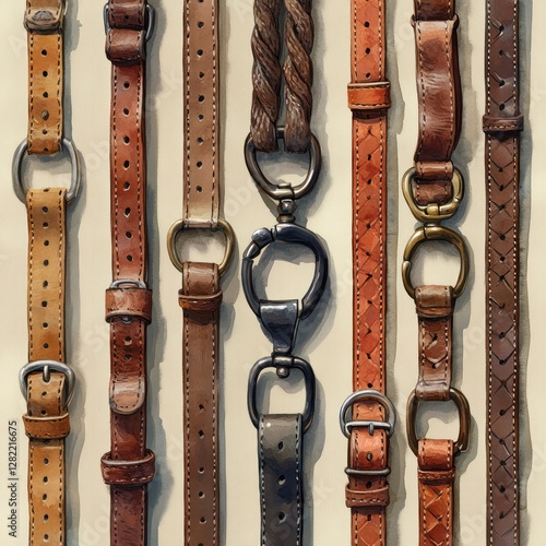 Vintage Leather Dog Collars and Leashes Watercolor Pattern Equestrian Seamless Background photo