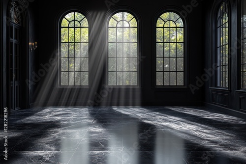 Minimalist Black Studio with Dramatic Light and Shadow for Design Presentations
