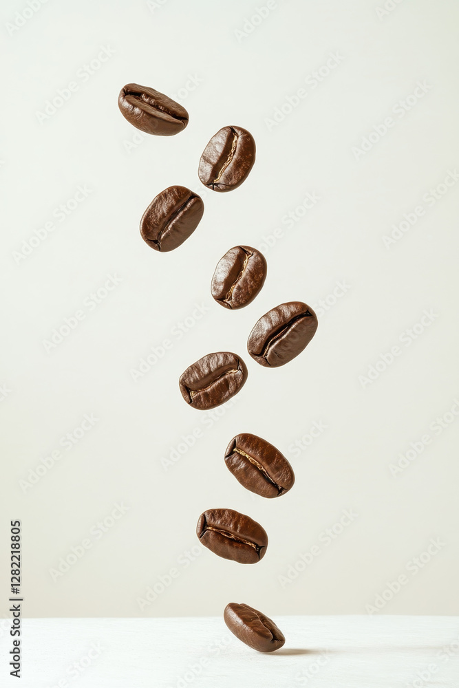 Floating Coffee Beans on Light Background for Beverage and Food Imagery