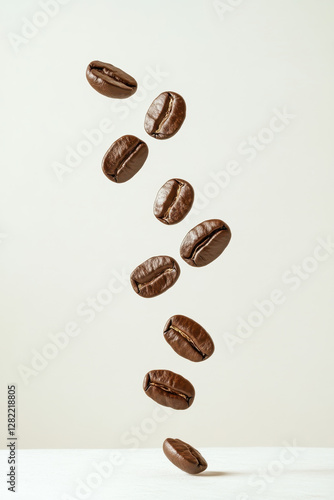 Obraz na płótnie Floating Coffee Beans on Light Background for Beverage and Food Imagery w salonie