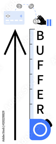 Hand tossing coins towards credit card above buffer level indicator with an up arrow signifying financial growth. Ideal for finance, savings, investments, budgeting, economic stability, personal