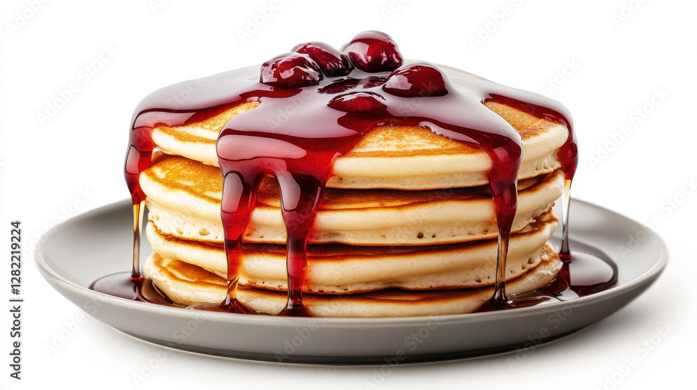 Stack of Fluffy Pancakes with Berry Syrup and Cherry Topping