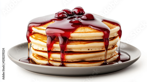 Obraz na płótnie Stack of Fluffy Pancakes with Berry Syrup and Cherry Topping w salonie