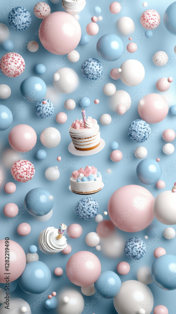 Colorful Festive Background with Cakes and Decorative Balls