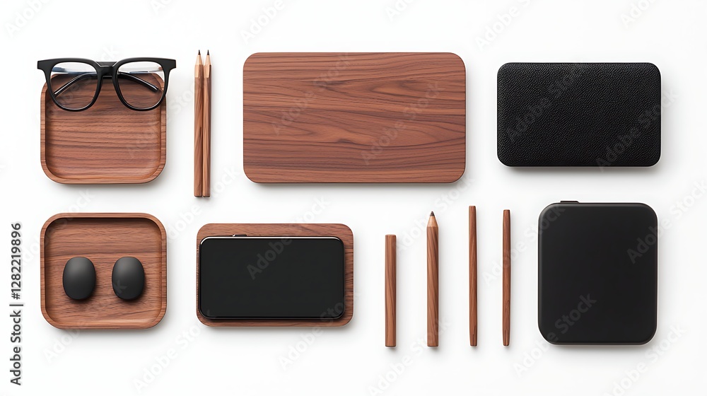 Fototapeta premium Deskscape with Walnut Wood Accessories Arranged for Work Space Organization and Style Flat Lay