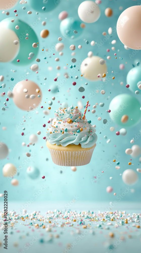 Colorful Cupcake Surrounded by Creative Party Balloons and Sprinkles