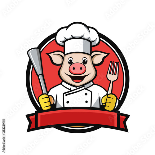  Pig Chef Cartoon with Toque and Spatula – Vector, Clipart, Line Art Illustration,  Cute pig chef with a toque and spatula – vector, clipart, and line art for digital designs.