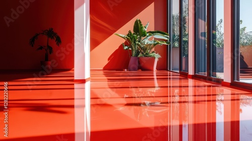 Red epoxy floor in vibrant red, high-gloss finish for striking and energetic interiors