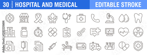 Collection of hospital and medical icons. Treatment, doctor, care. Vector design template, signs, symbols, editable stroke.