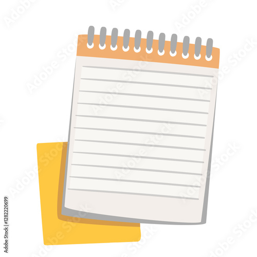 Paper cartoon notepad with binder. Diary or notebook with rings binding white rectangular empty pages and yellow square sheet for notes. Stationery mascot, cartoon cute vector illustration