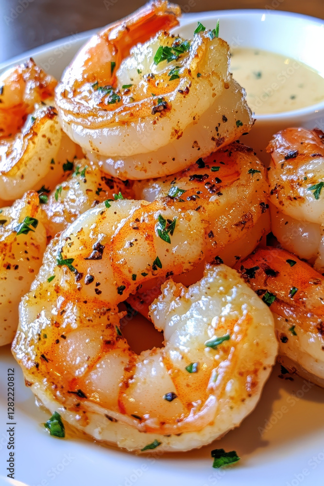Grilled Shrimp Dish with Spices and Dipping Sauce on White Plate