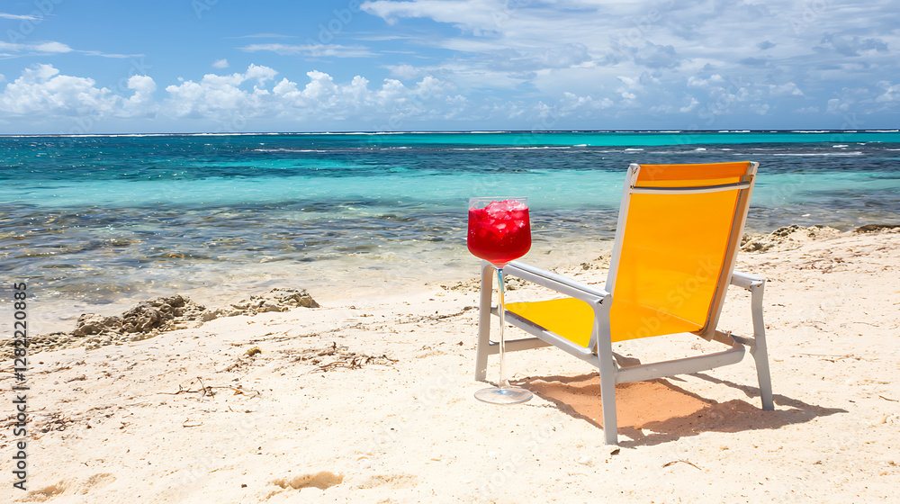 Refreshing Tropical Drink on a Beach Chair by the Ocean Under a Clear Blue Sky Refreshing Tropical Drink on a Beach Chair by the Ocean Under a Clear Blue Sky