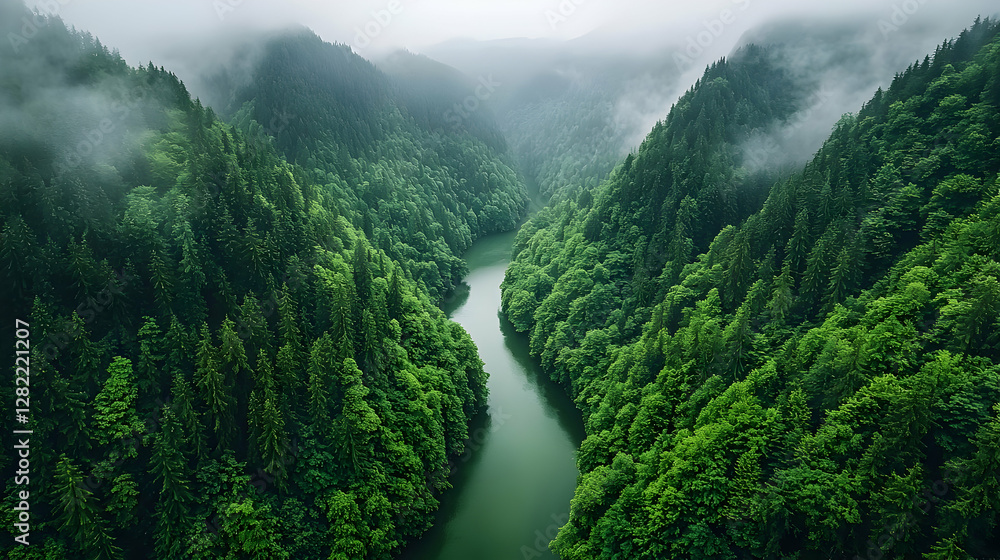 Fototapeta premium Aerial view of river winding through lush green forest valley, misty mountains